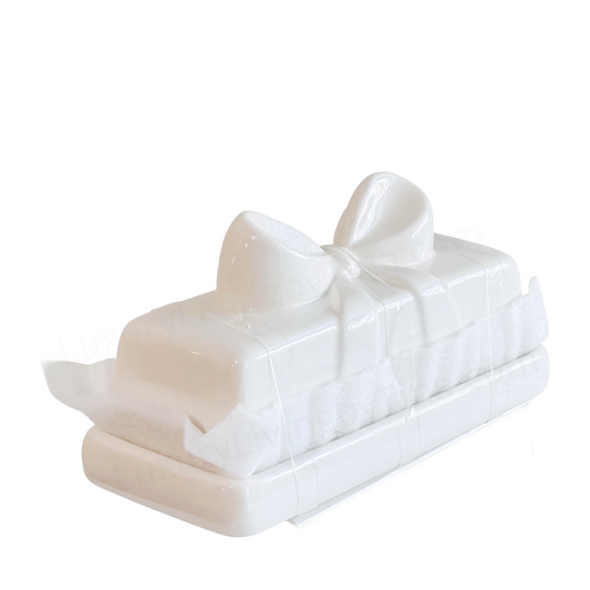 White Ceramic Butter Dish Rectangular Base with Elegant Ceramic Bow on Lid, Wrapped Present Butter Keeper