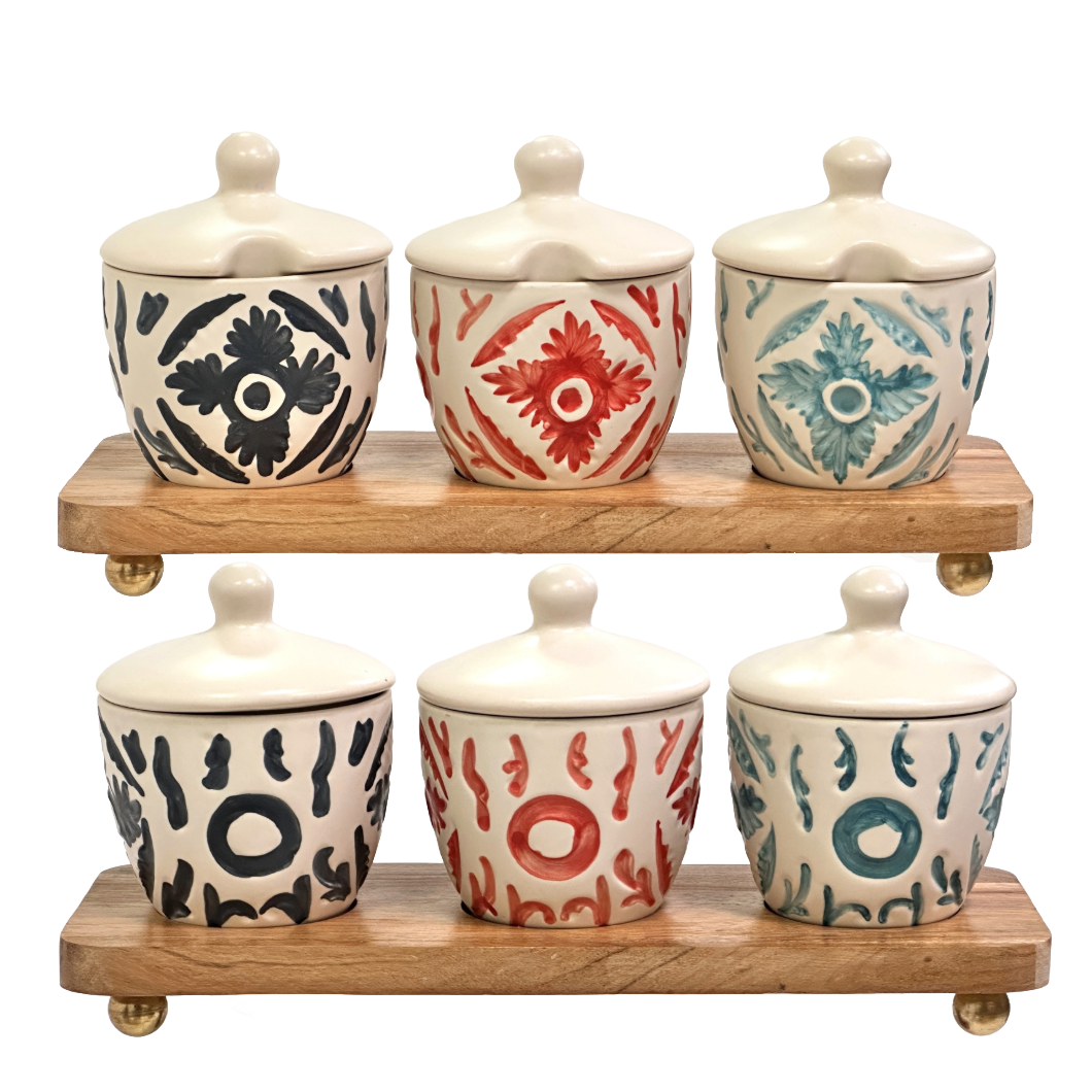 3 Ceramic Aztec Design Multipurpose Jars with Ceramic Cover on a Wood Tray