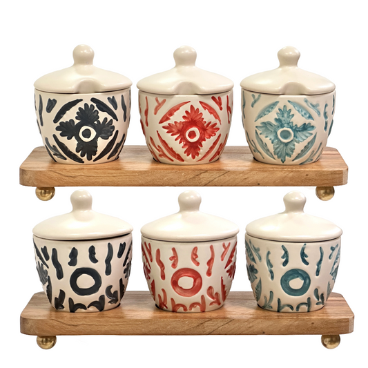 3 Ceramic Aztec Design Multipurpose Jars with Ceramic Cover on a Wood Tray