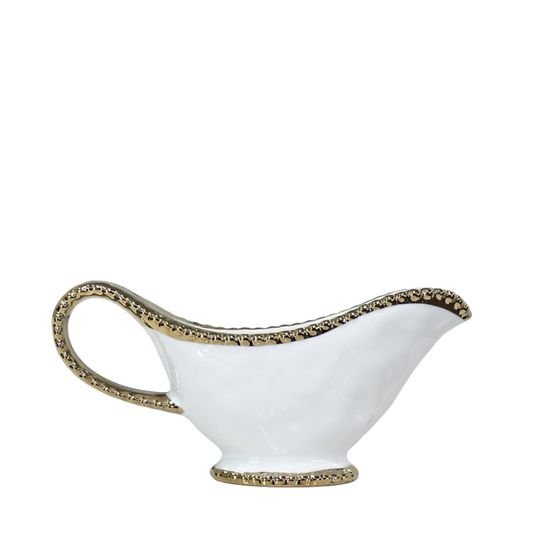 Serving Creamer, Syrup, Gravy, White Bone China w/Gold Beaded Handle, Base & Rim
