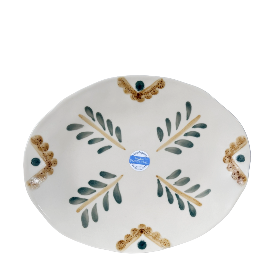 Serving Platter Oval Large White with Tan & Green Olive Branch Made In Portugal