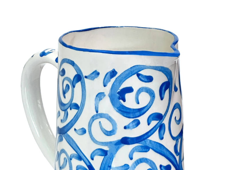 Jug Pitcher Mediterranean Teal Blue Hand Painted Swirls for Water, Wine, Sangria
