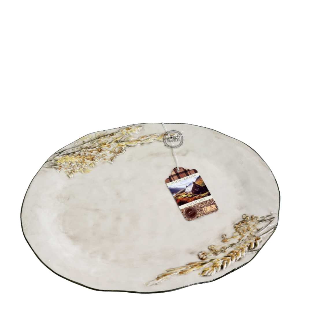 Serving Platter Hand Painted Ceramic Raised Wheat Stalk & Wavy Olive Green Rim