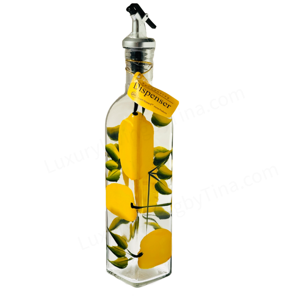 Olive Oil Vinegar Glass Bottle Dispenser Large Hand-Painted Yellow Lemons on Vine