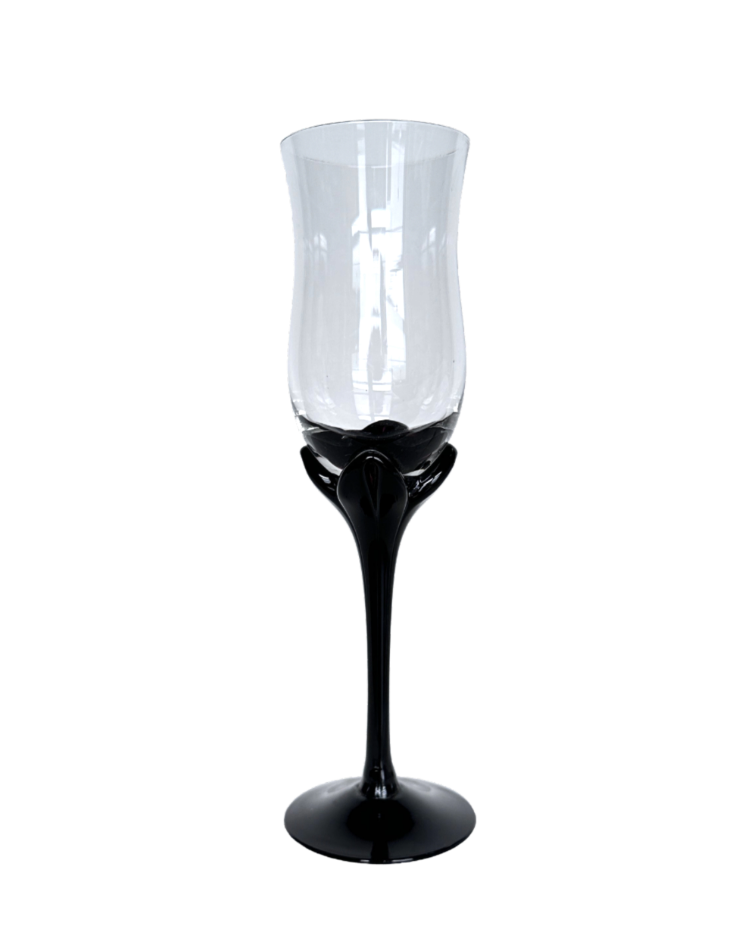 Champagne Glass, Cordial Glass, Sweet Wine, Tulip Shaped w/Black Stem