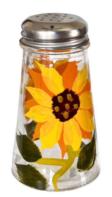 Salt & Pepper Shaker Set Glass Hand-Painted Yellow & Orange Sunflower Silver Top