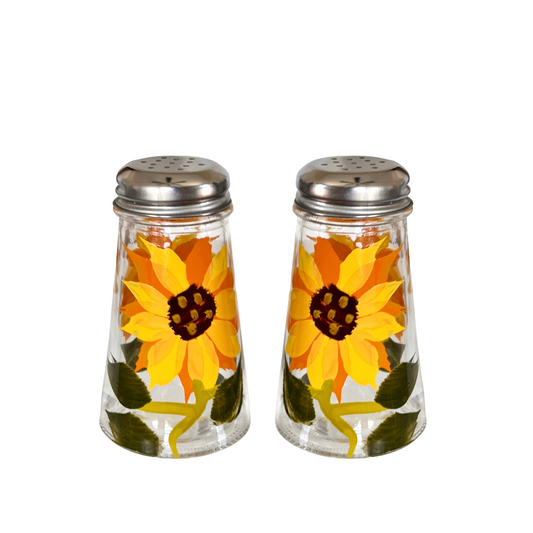 Salt & Pepper Shaker Set Glass Hand-Painted Yellow & Orange Sunflower Silver Top