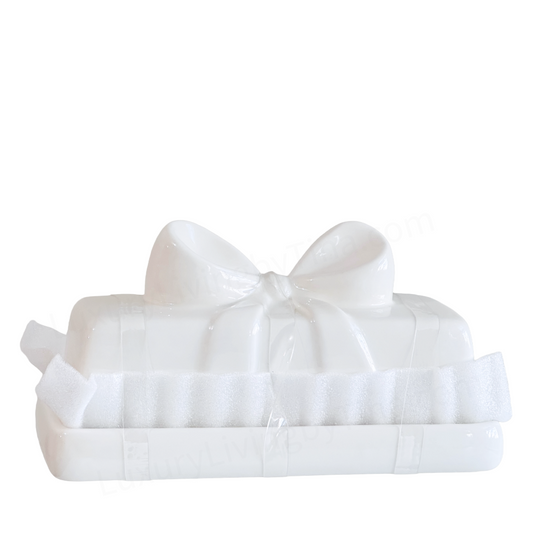 White Ceramic Butter Dish Rectangular Base with Elegant Ceramic Bow on Lid, Wrapped Present Butter Keeper