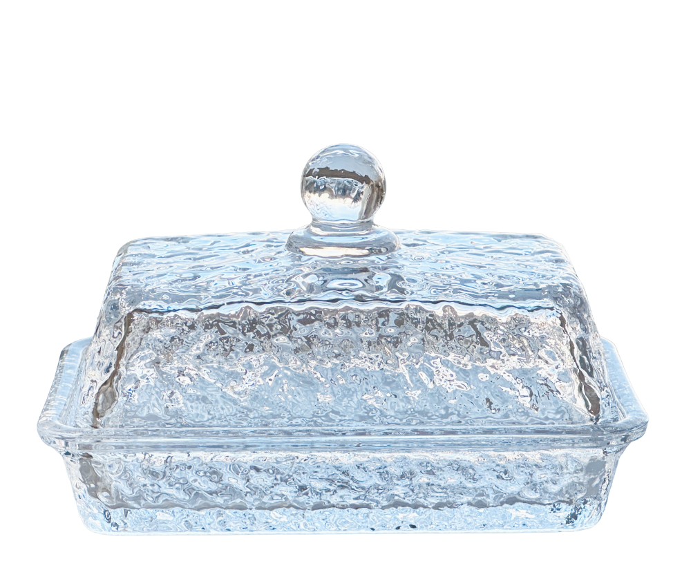Clear Glass Butter Dish with Rectangular Base & Matching Lid, Crafted rippled, almost hammered texture