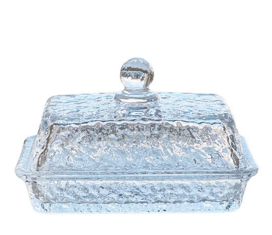 Clear Glass Butter Dish with Rectangular Base & Matching Lid, Crafted rippled, almost hammered texture