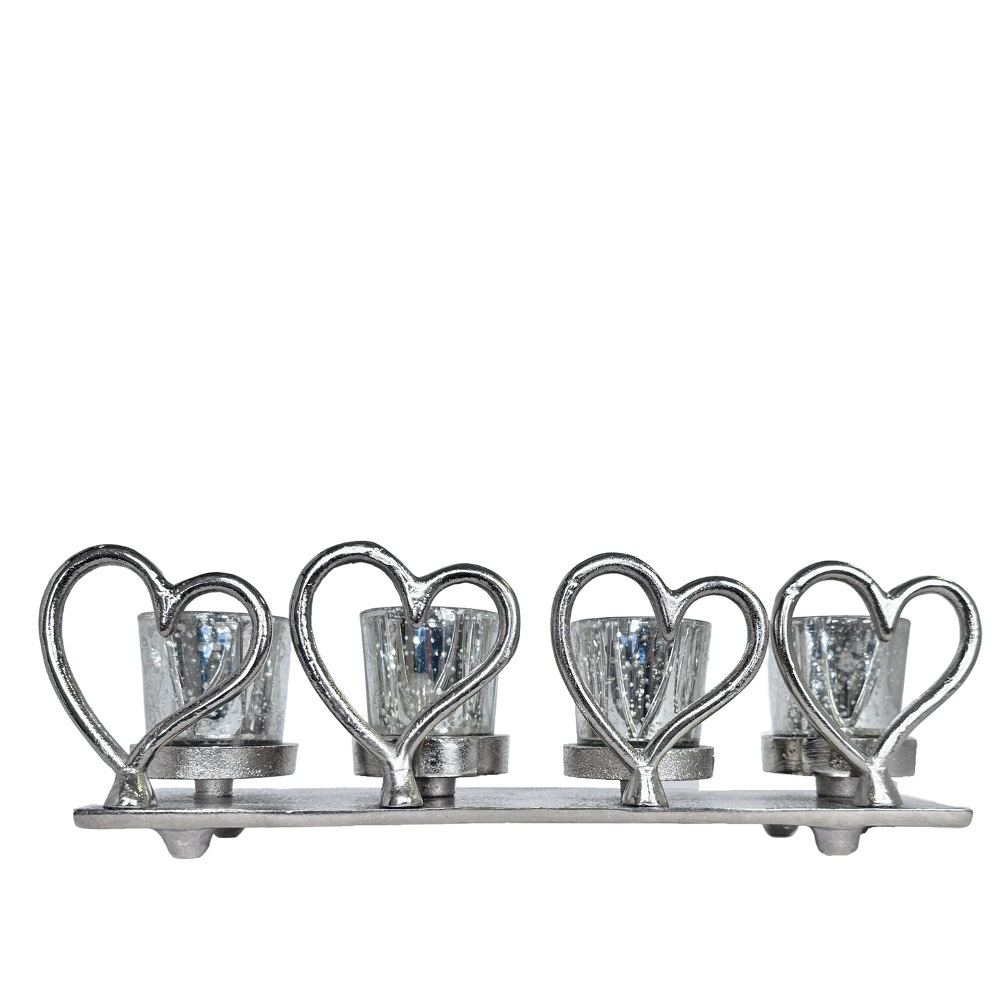 Glass Votive Candle Holders on Metal Base with 4 Metal Hearts Antique Inspired