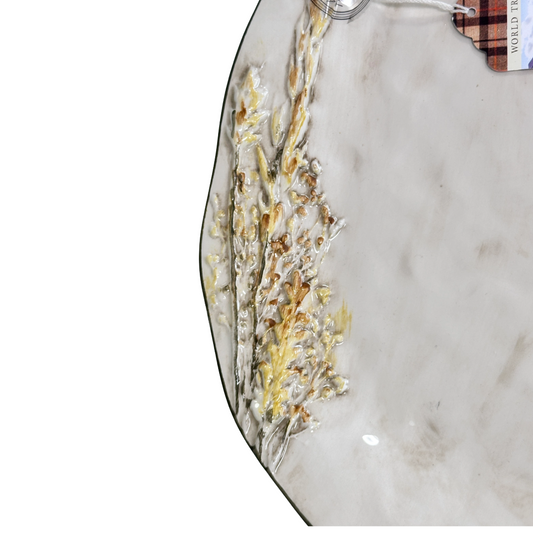 Serving Platter Hand Painted Ceramic Raised Wheat Stalk & Wavy Olive Green Rim