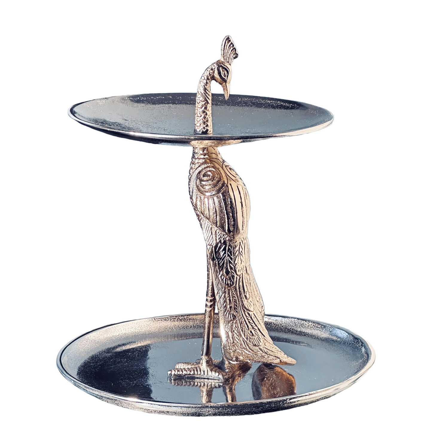 2-Tier Dessert Appetizer Tray Stand Silver Metal Peacock Entertaining Decor