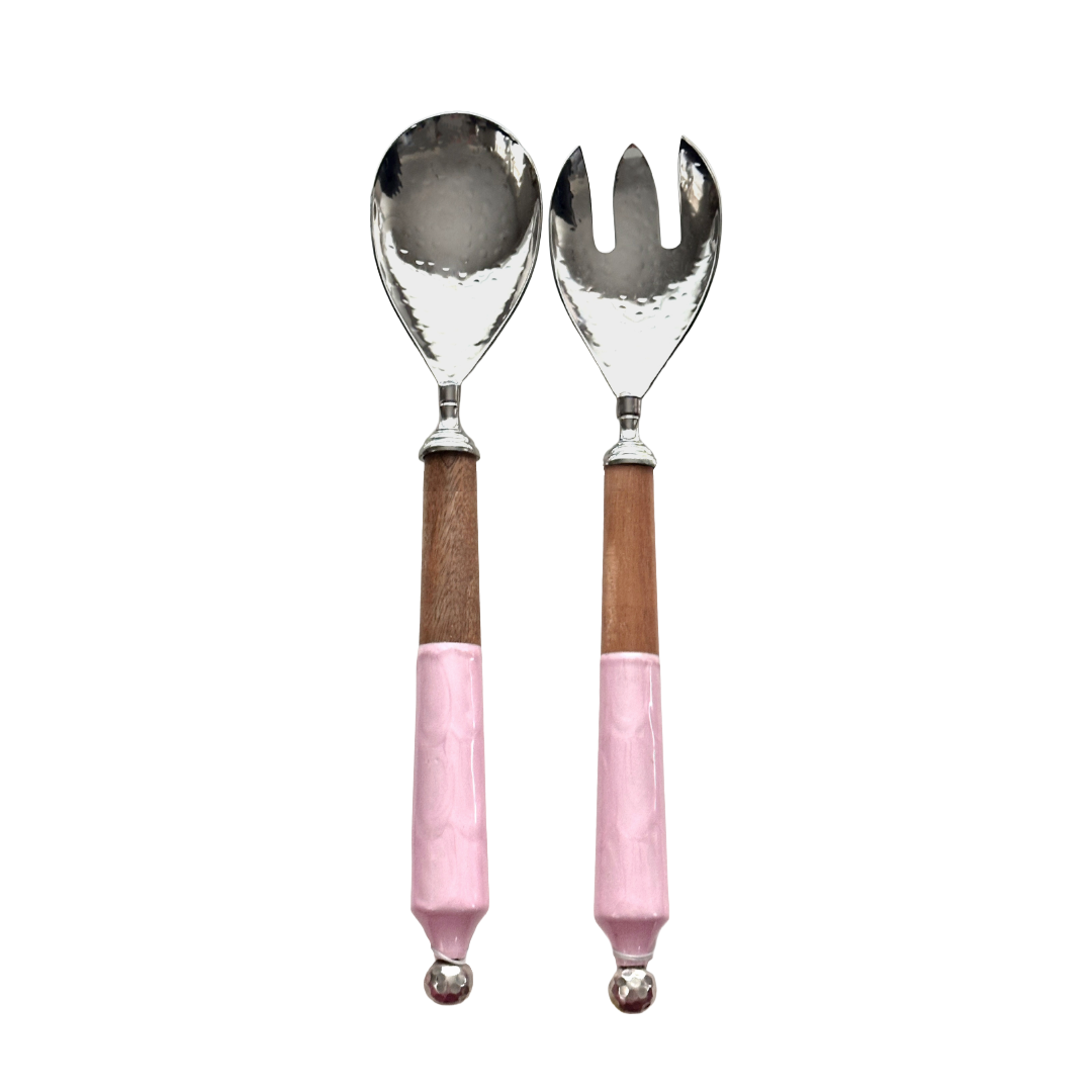 Elegant Salad Servers Pink Handles, Natural Wood Accents & Hammered Metal Heads