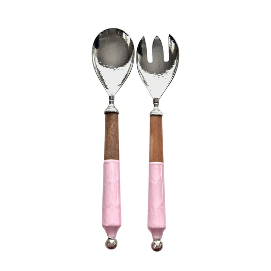 Elegant Salad Servers Pink Handles, Natural Wood Accents & Hammered Metal Heads