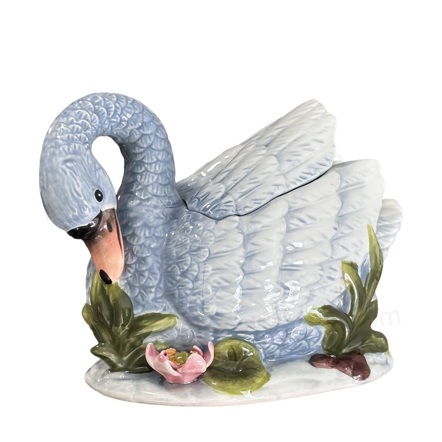 Sugar Bowl or Trinket Box Blue Ceramic Swan on Lily Pad with Pink Flower