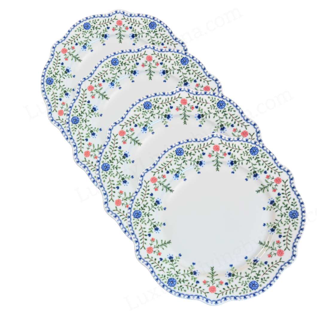 Scalloped Dinner Plates with Blue & Blush Floral Rim Romantic Scalloped Rim