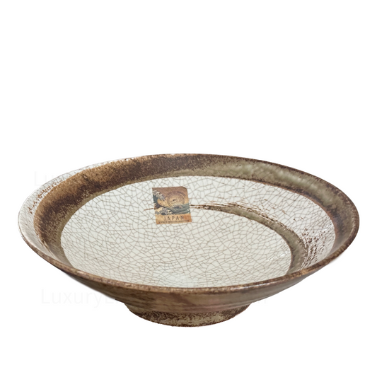 Mid‑Century Japanese Crackle‑Glaze Earthenware Clay Bowl with Brown Swirl & Brown Rim