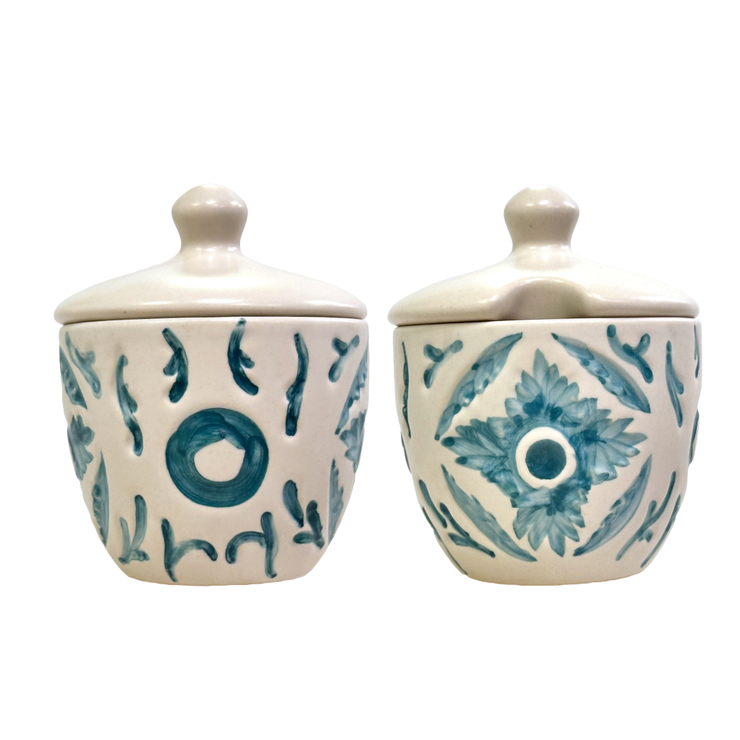 3 Ceramic Aztec Design Multipurpose Jars with Ceramic Cover on a Wood Tray