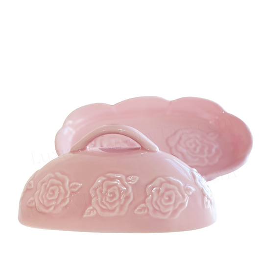 Pink Butter Dish Covered Keeper 8" Ceramic Butter Holder Embossed Roses w/Dome