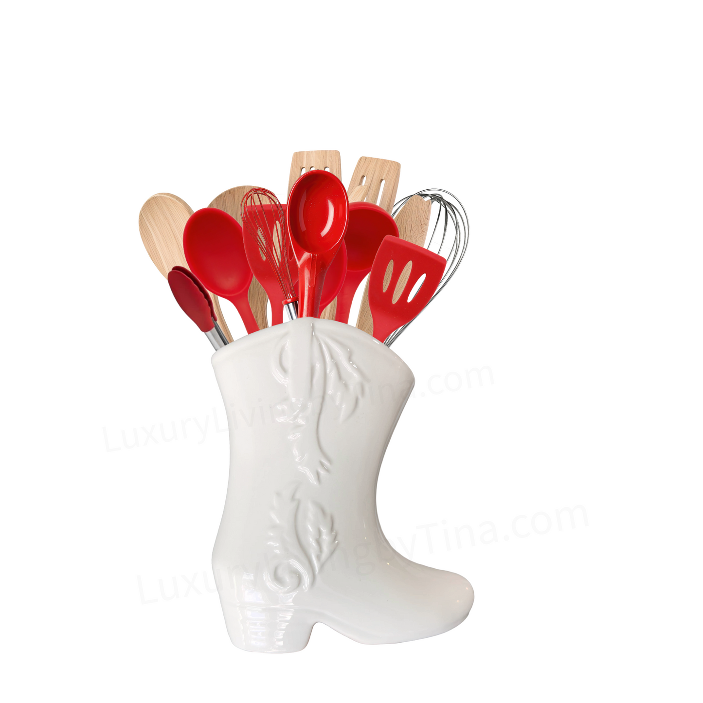 White Ceramic Utensil Holder Western Cowboy Cowgirl Boot Shape