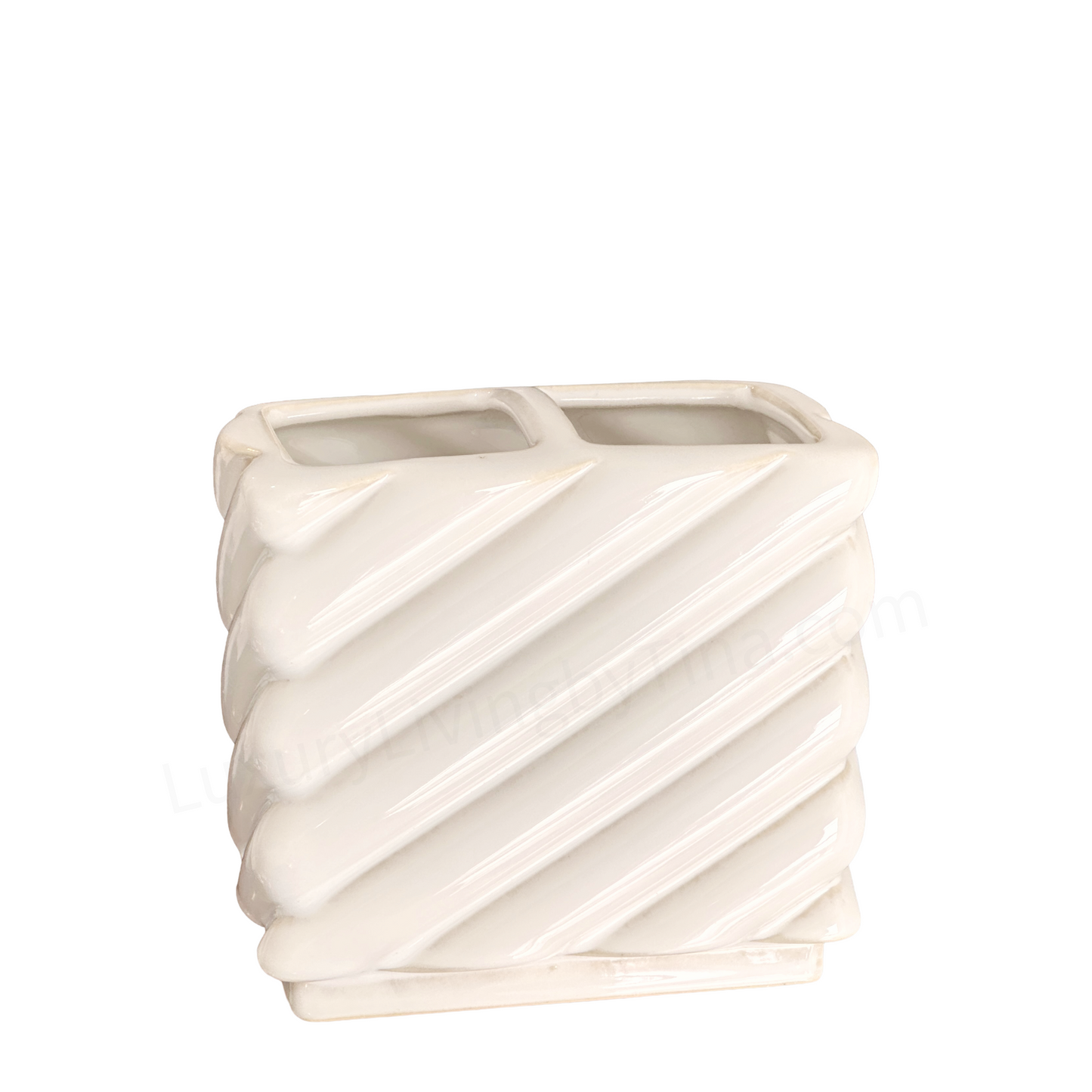 Toothbrush Holder Sculptural Matte White Ceramic with Diagonal Ridges