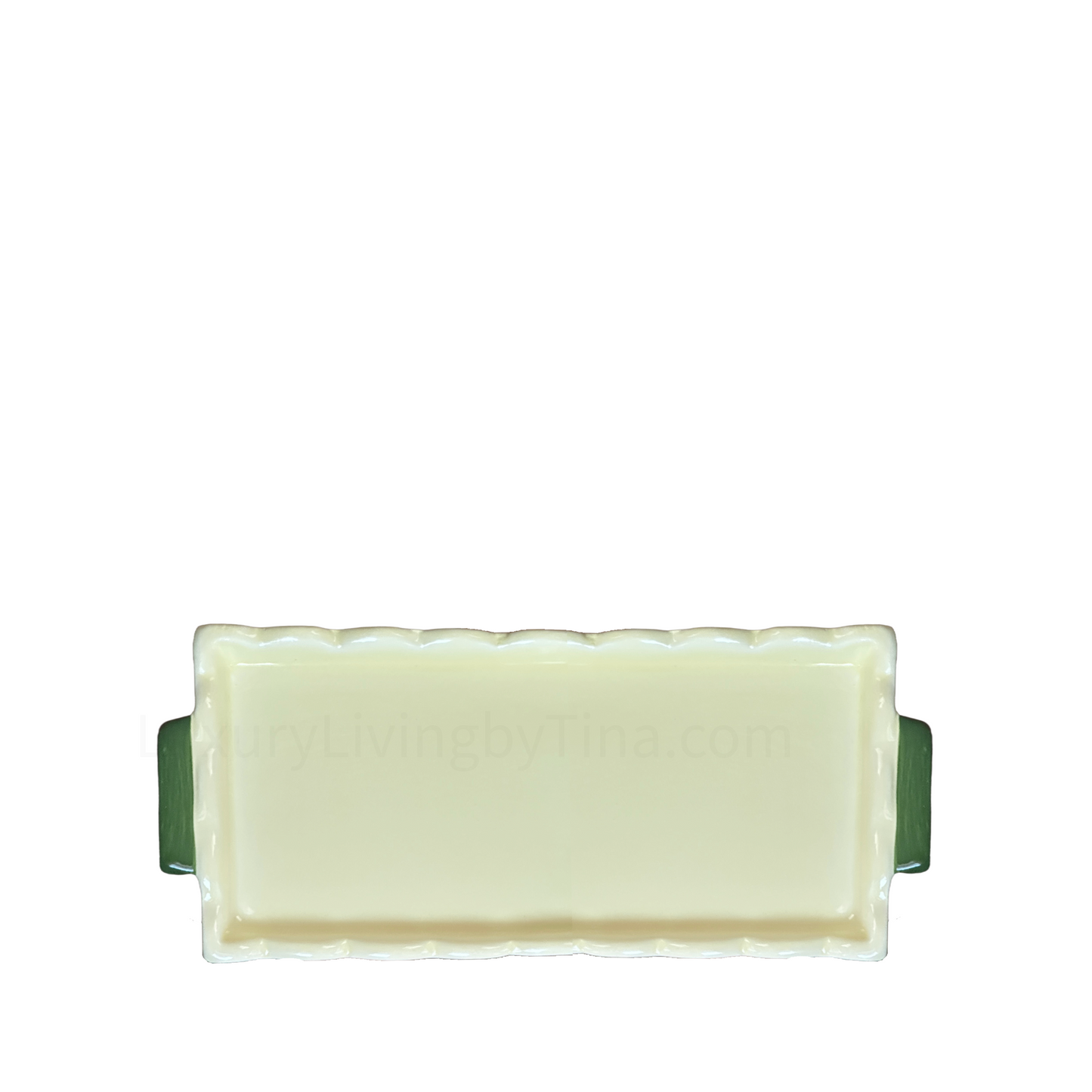 Butter Dish Keeper, Scalloped Yellow Ceramic with Handpainted Strawberries and Green Handles