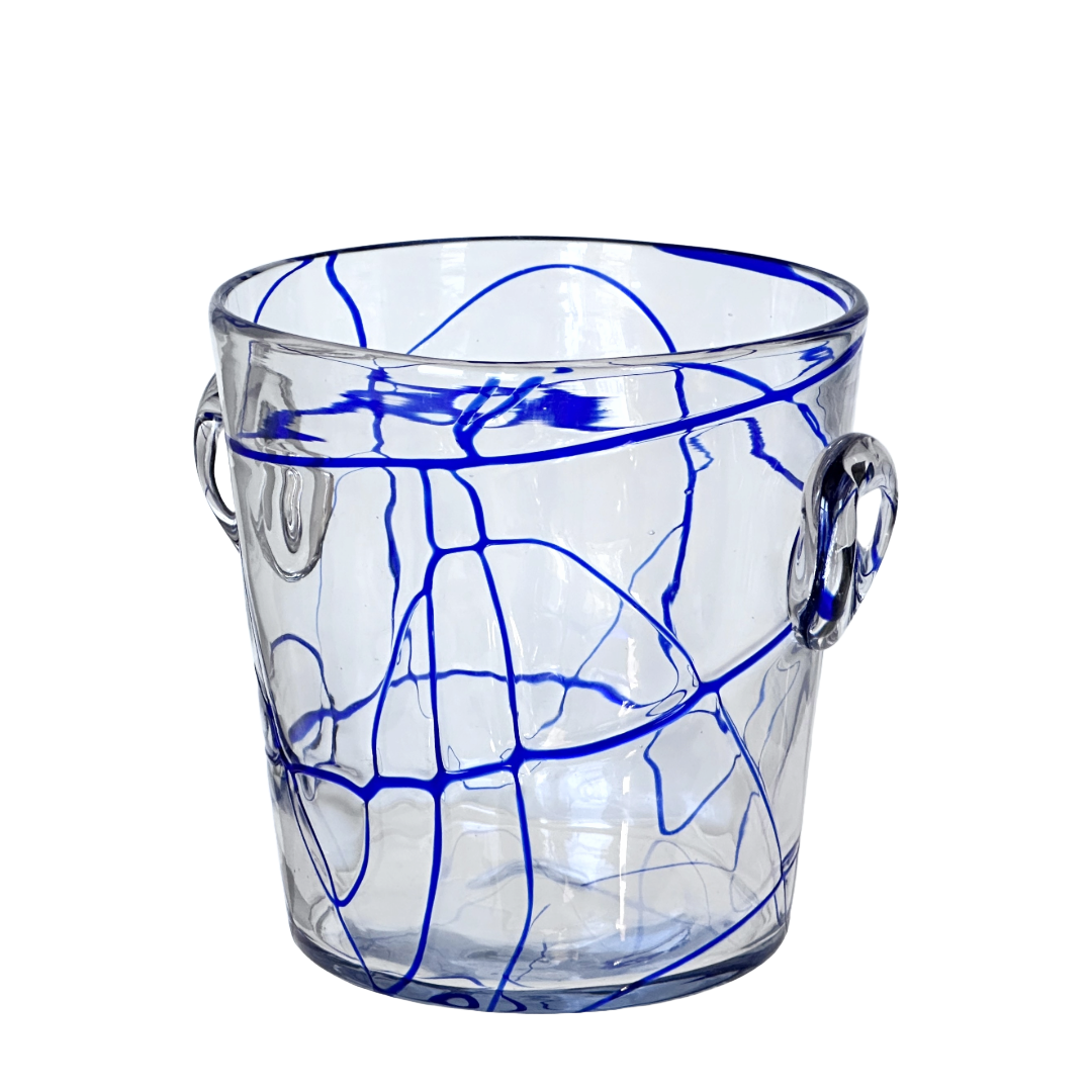 Glass Ice Bucket Champagne Wine Chiller with Royal Blue Swirls and Glass Handles