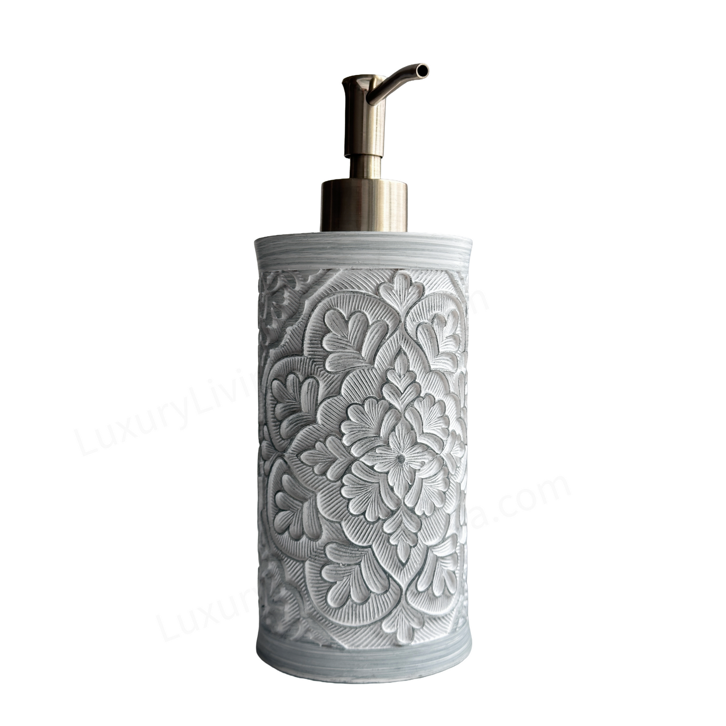 Soap Pump Dispenser Embossed Gray Flowers with Polished Brass Pump
