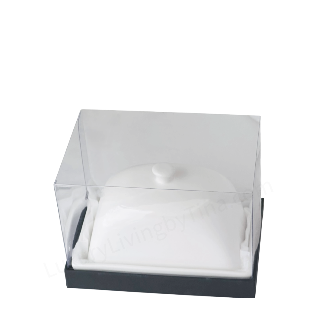 Elegant Butter Dish, Butter Keeper White Ceramic Dome Shape with Round Knob White Tie