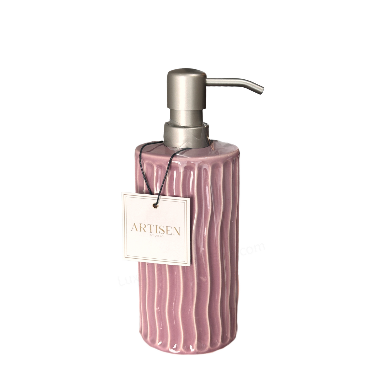 Soap Pump Dispenser Ceramic Mauve with Wavy Vertical Ribbing & Silver Pump