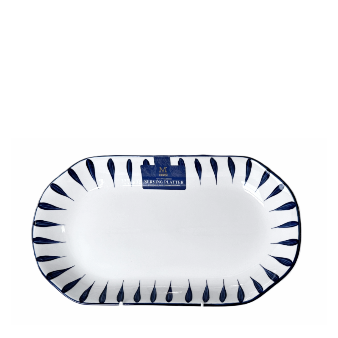 Medici Ceramic Round Rectangle Serving Platter White & Blue Ticks 12" x 7"