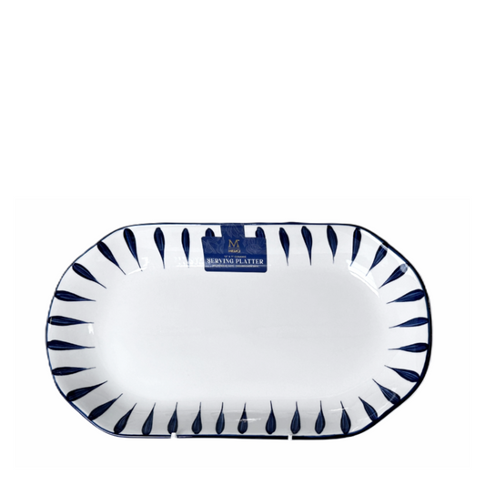 Medici Ceramic Round Rectangle Serving Platter White & Blue Ticks 12" x 7"