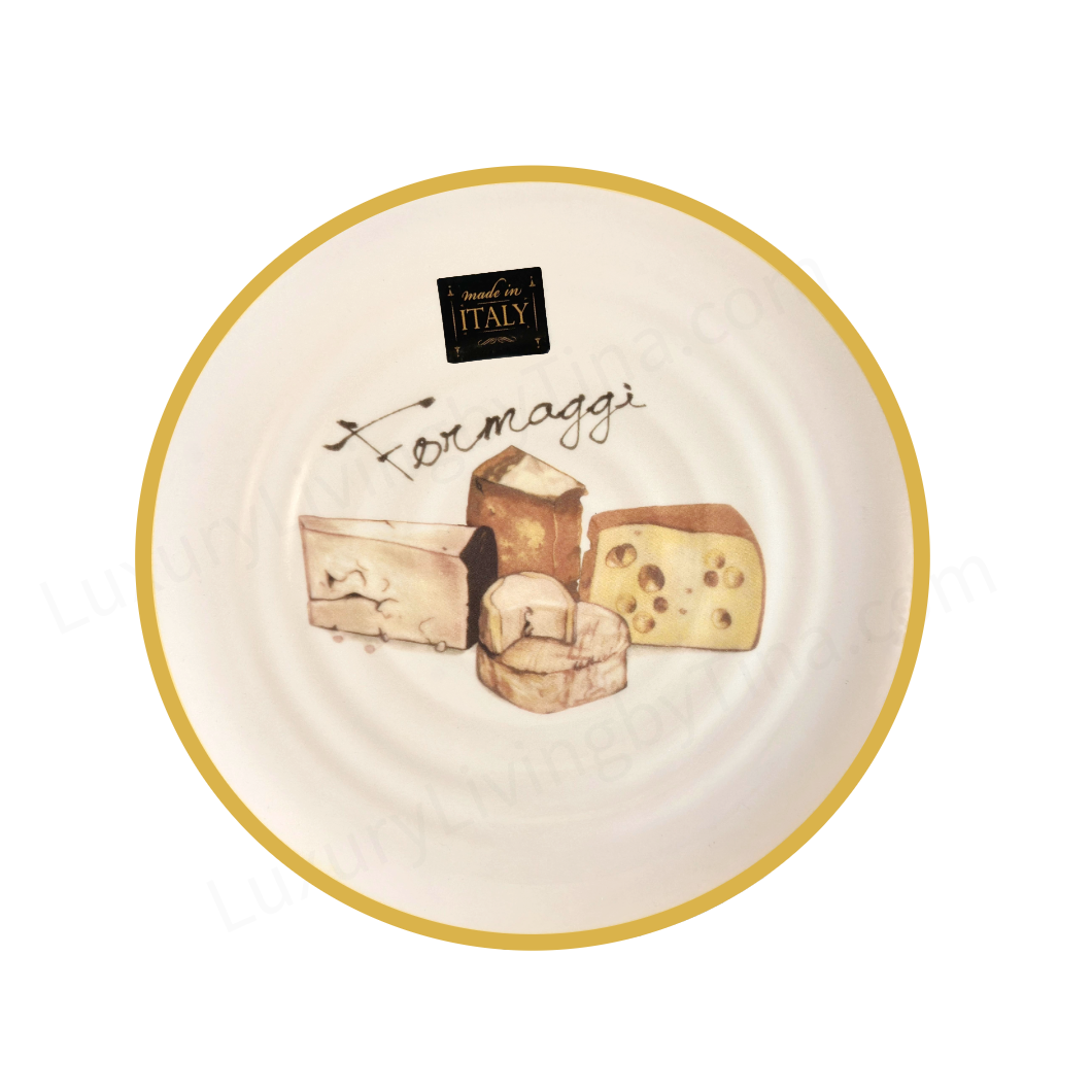 9" Ceramic Plates with Hand-Drawn Cheese Illustrations & Yellow Rim for Appetizers, Tapas, Salad