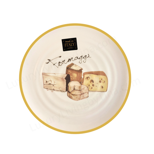 9" Ceramic Plates with Hand-Drawn Cheese Illustrations & Yellow Rim for Appetizers, Tapas, Salad