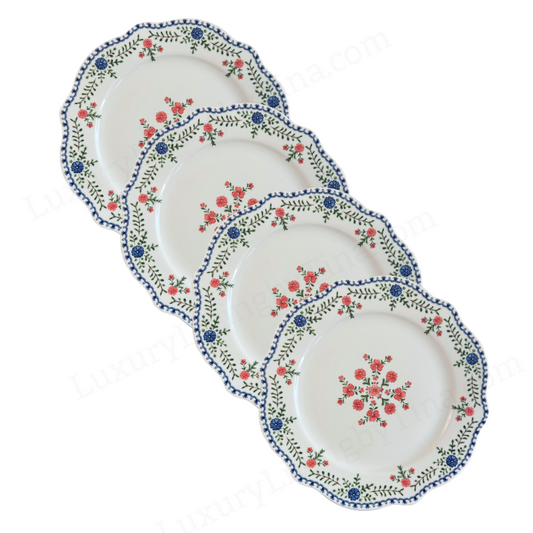 Scalloped Salad Plates with Romantic Blue & Blush Floral Rim Set of Four