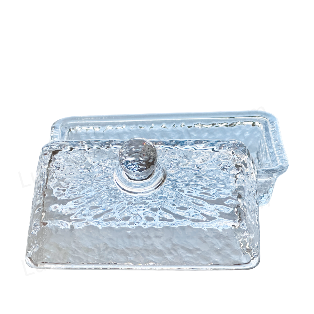 Clear Glass Butter Dish with Rectangular Base & Matching Lid, Crafted rippled, almost hammered texture