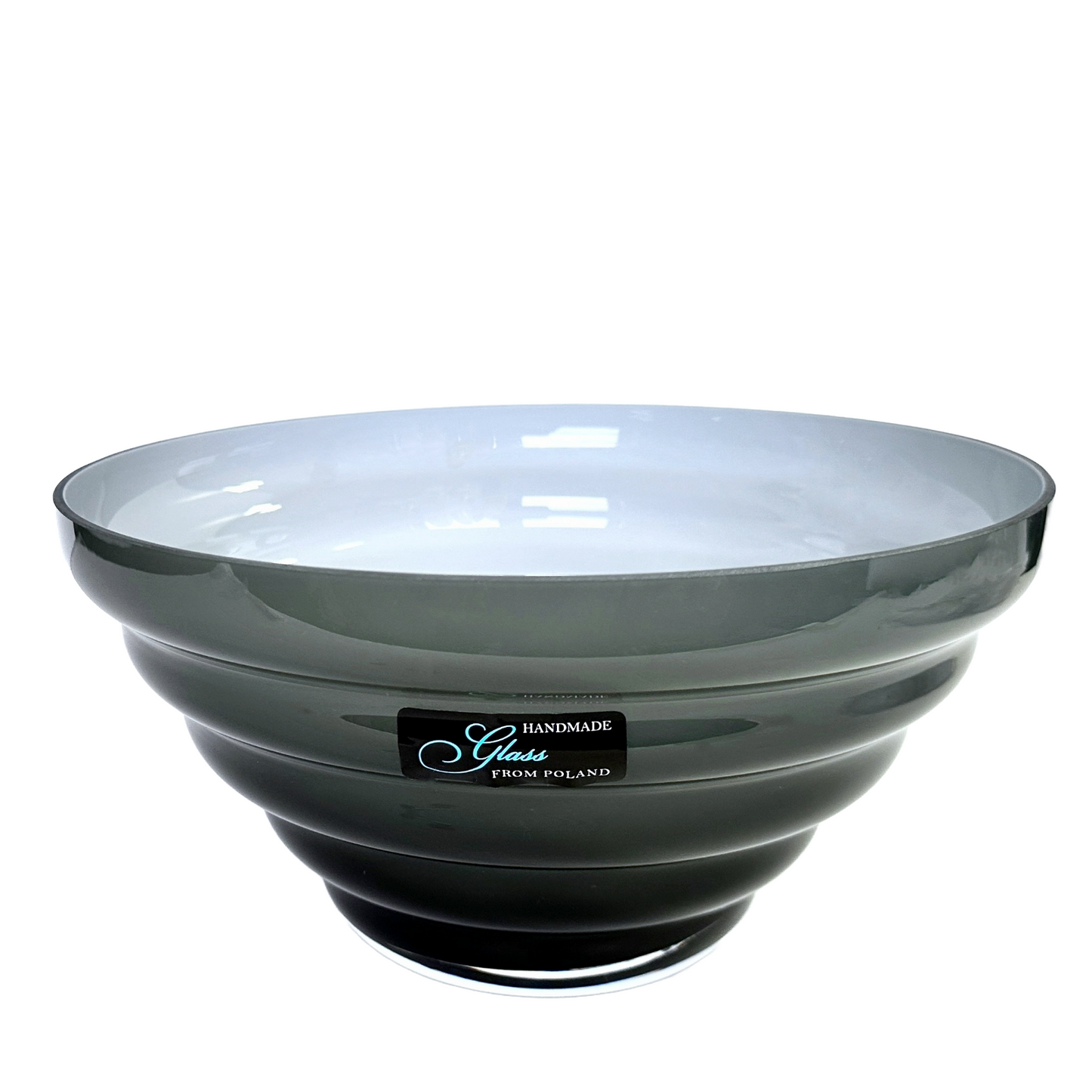 Glass Bowl, Textured Smoked Gray Sage Green, Round Cone Shaped Handmade In Poland