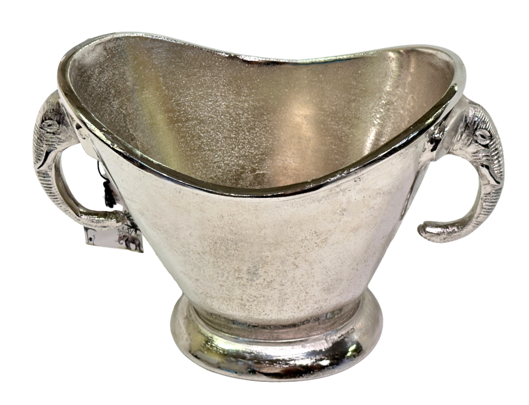 Silver ice bucket with elephant handle on a white background