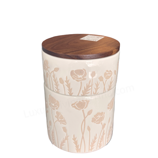 Double Ceramic Storage Canister Cream with Raised Tan Flowers