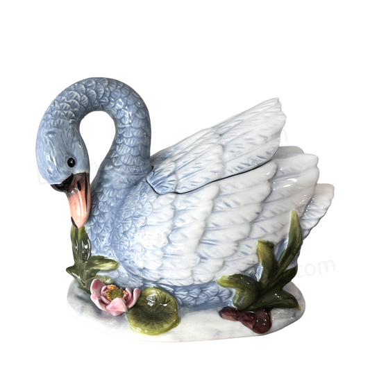 Sugar Bowl or Trinket Box Blue Ceramic Swan on Lily Pad with Pink Flower