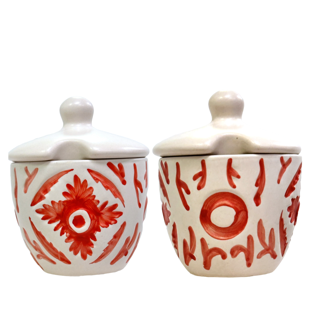 3 Ceramic Aztec Design Multipurpose Jars with Ceramic Cover on a Wood Tray