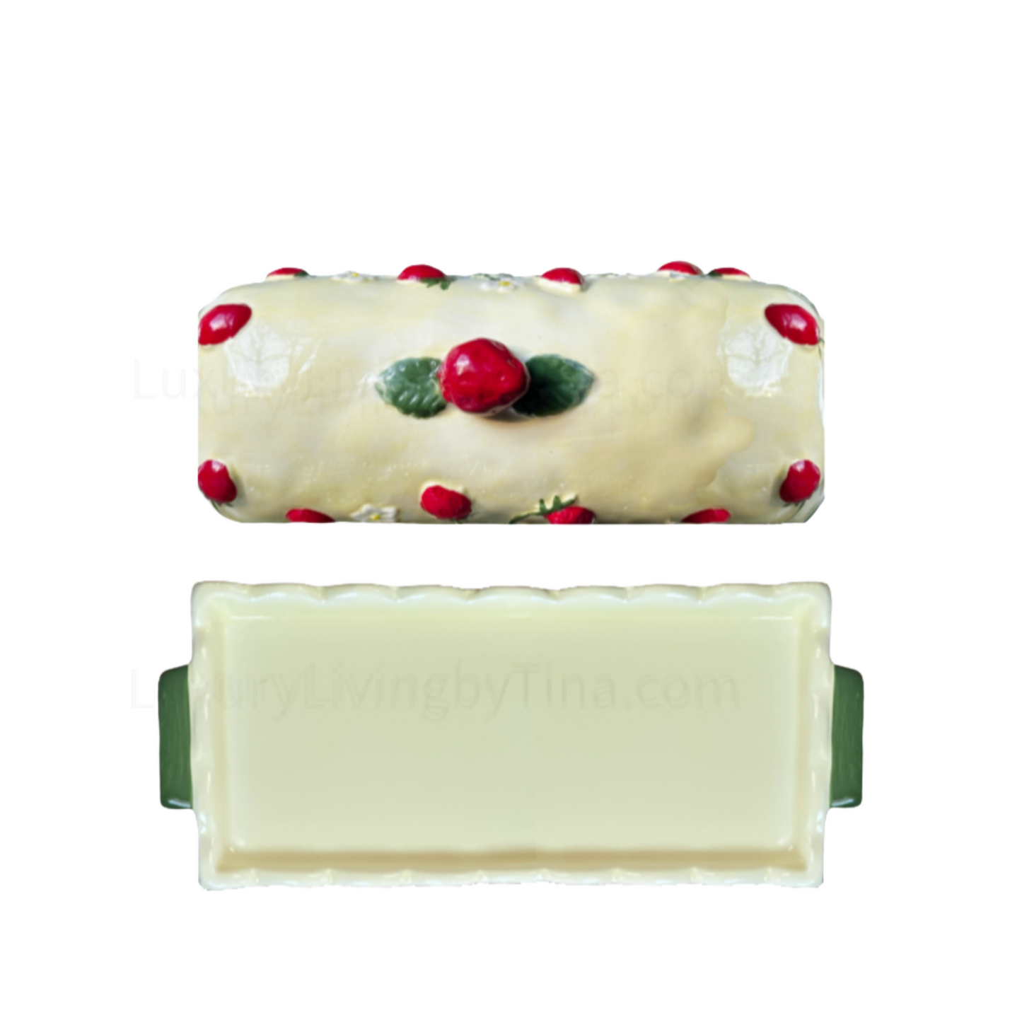 Butter Dish Keeper, Scalloped Yellow Ceramic with Handpainted Strawberries and Green Handles