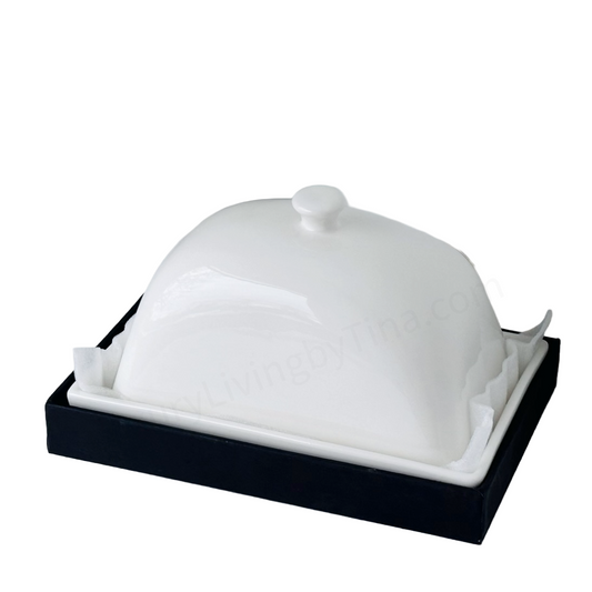 Elegant Butter Dish, Butter Keeper White Ceramic Dome Shape with Round Knob White Tie