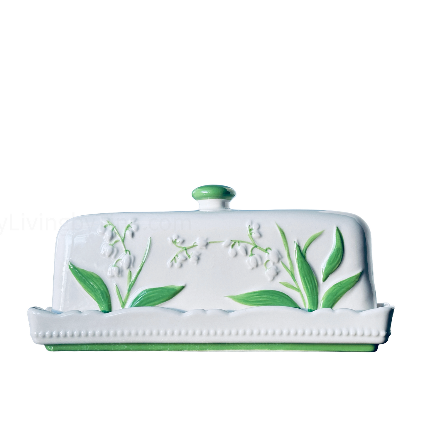 Butter Dish Keeper, Scalloped White Ceramic with Handpainted Spring Easter Lillies