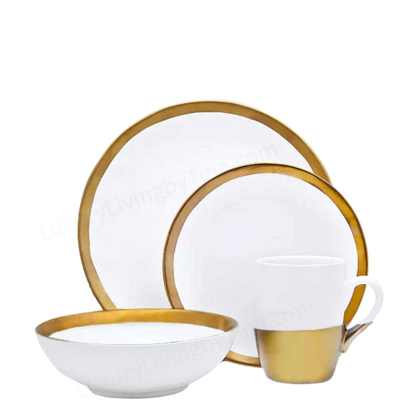 Godinger Terre D'Or 4-Piece Dinner Plate Place Setting White with Gold Rim
