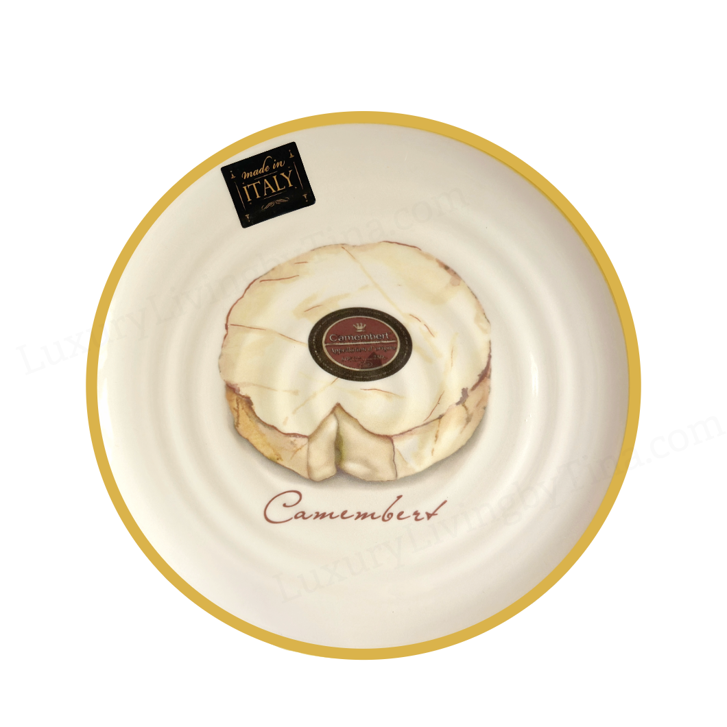 9" Ceramic Plates with Hand-Drawn Cheese Illustrations & Yellow Rim for Appetizers, Tapas, Salad