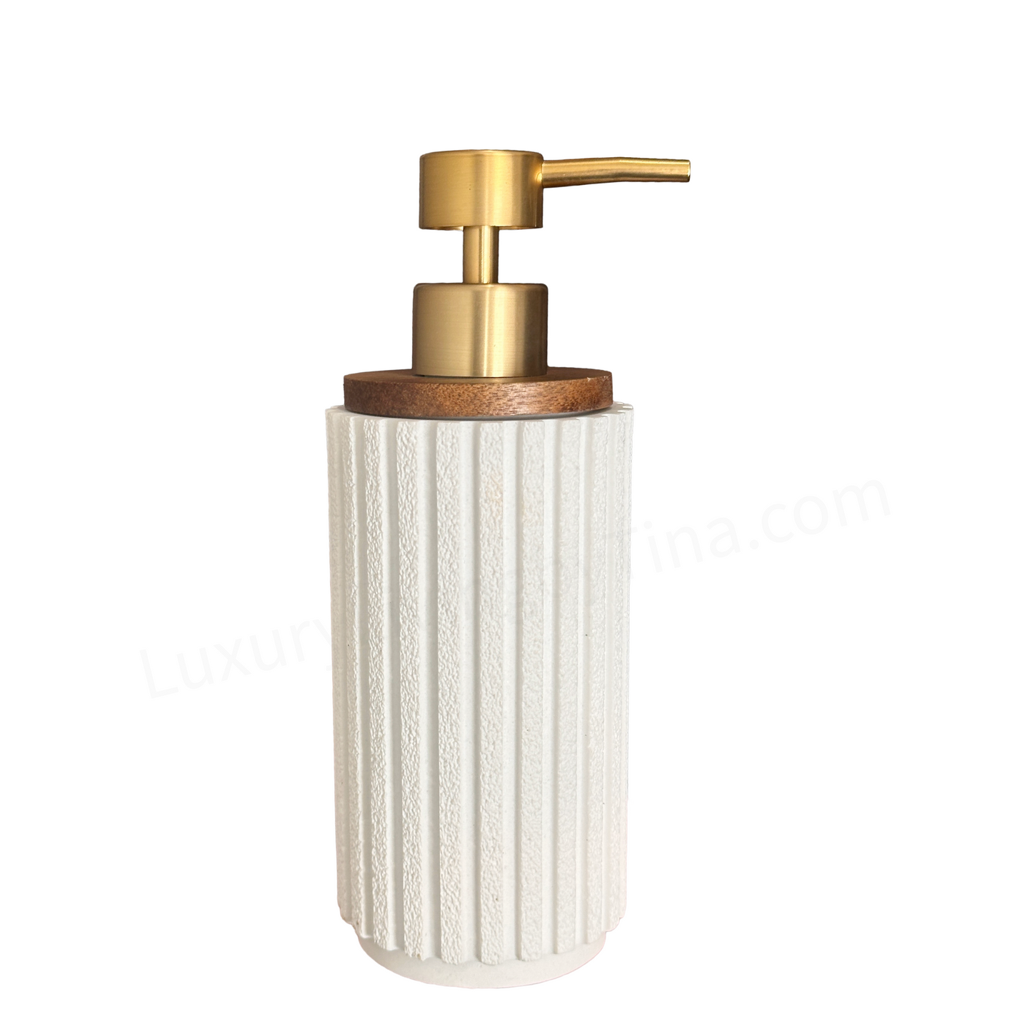 Soap Pump Dispenser Modern Ceramic Vertical Ribbed Body & Gold Pump on Wood Lid