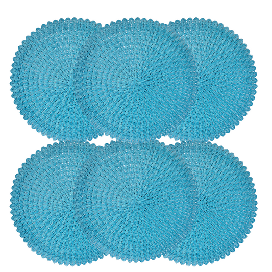6pcs Round Weaved Scalloped Placemats 15" Natural Woven Heat Resistant Turquoise