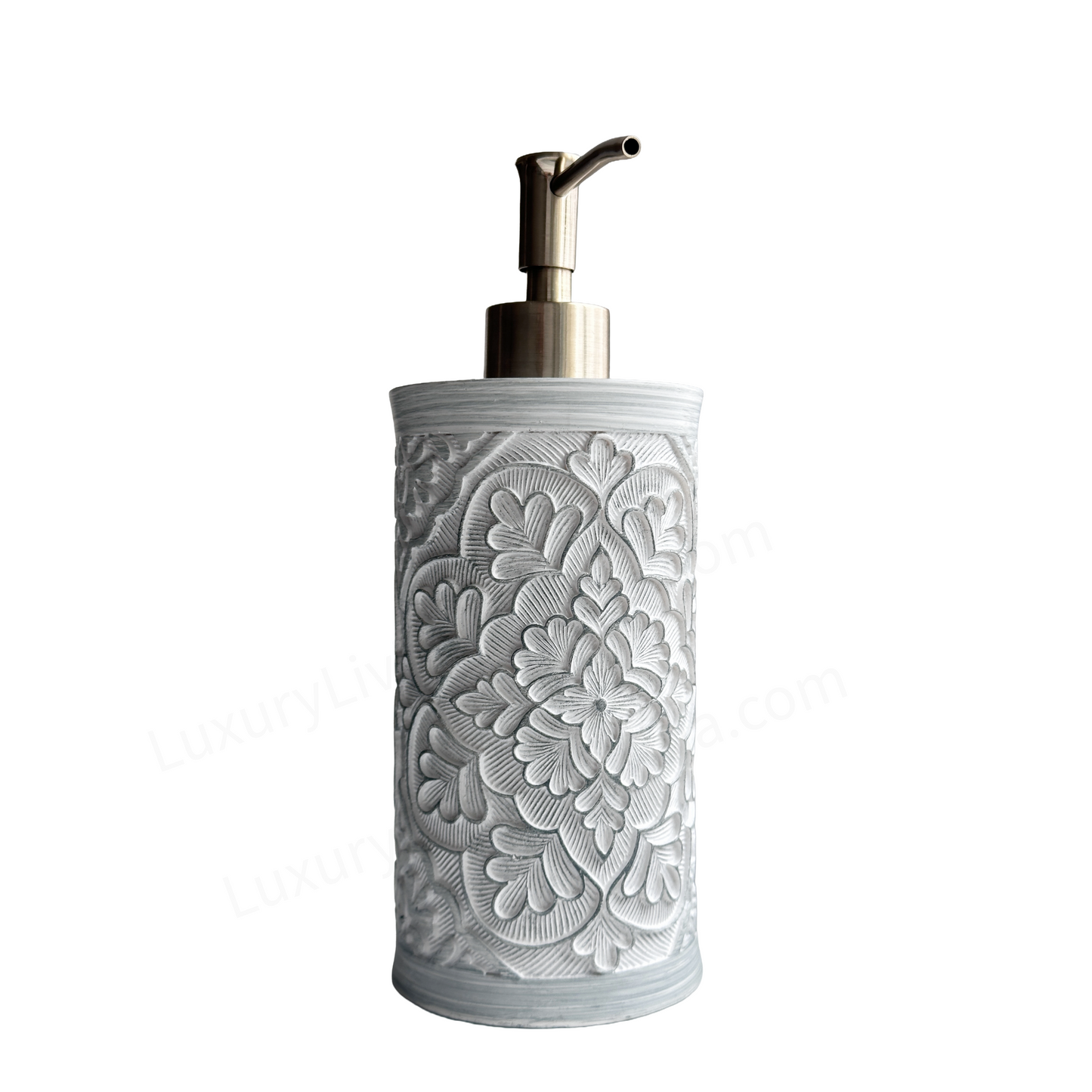 Soap Pump Dispenser Embossed Gray Flowers with Polished Brass Pump